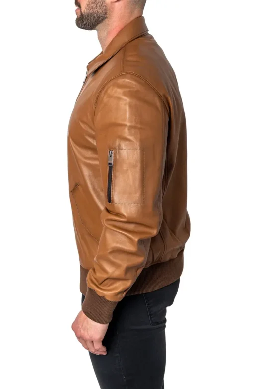 Brown Lambskin Leather Bomber Jacket - Image 2