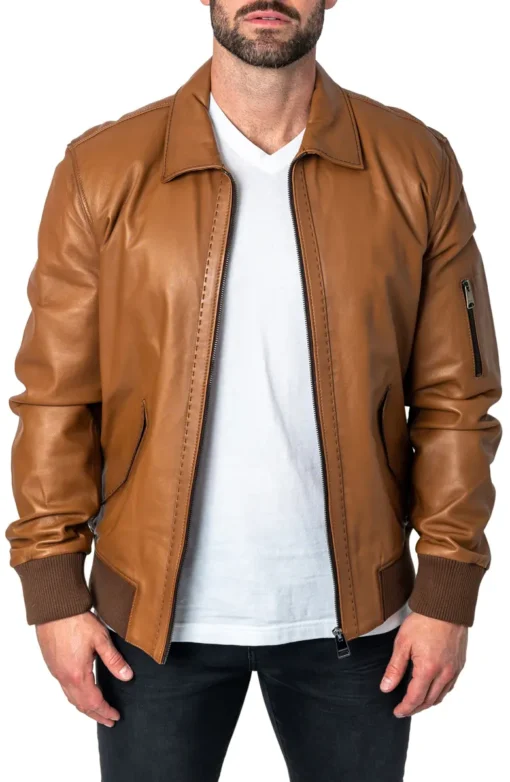 Brown Lambskin Leather Bomber Jacket - Image 7