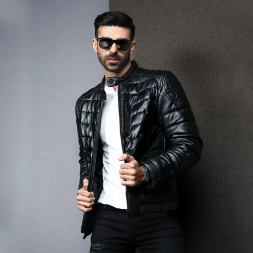 Men's Black Motorcycle Style Leather Puffer Jacket - Image 2