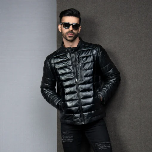 Men's Black Motorcycle Style Leather Puffer Jacket - Image 3