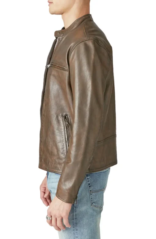 Distressed Leather Brown Biker Jacket - Image 3