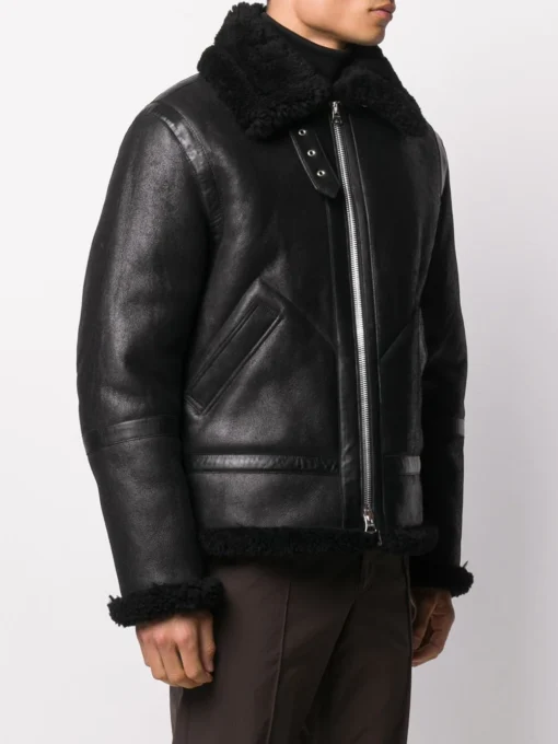 Black Shearling Leather Aviator Jacket - Image 2