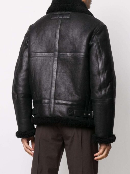 Black Shearling Leather Aviator Jacket - Image 4