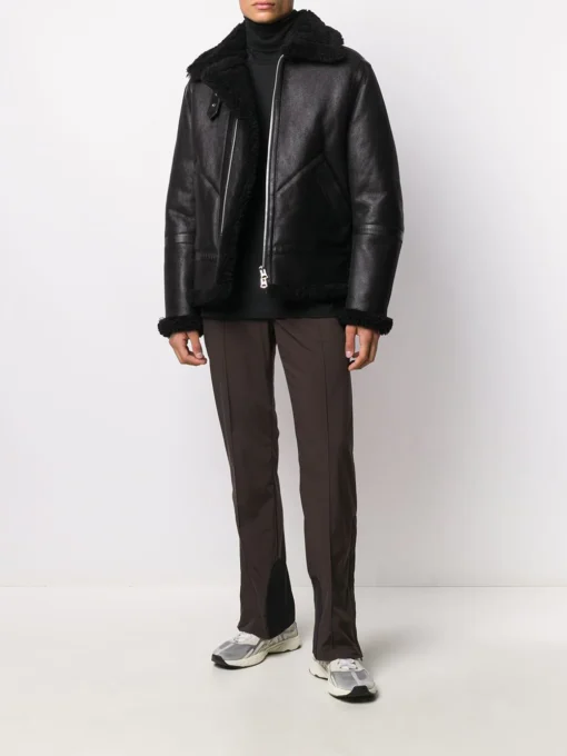 Black Shearling Leather Aviator Jacket - Image 3