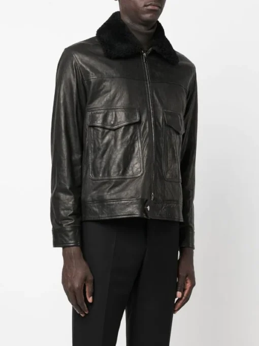 Shearling Collar Black Trucker Leather Jacket - Image 4