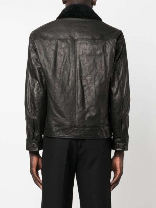 Shearling Collar Black Trucker Leather Jacket - Image 3