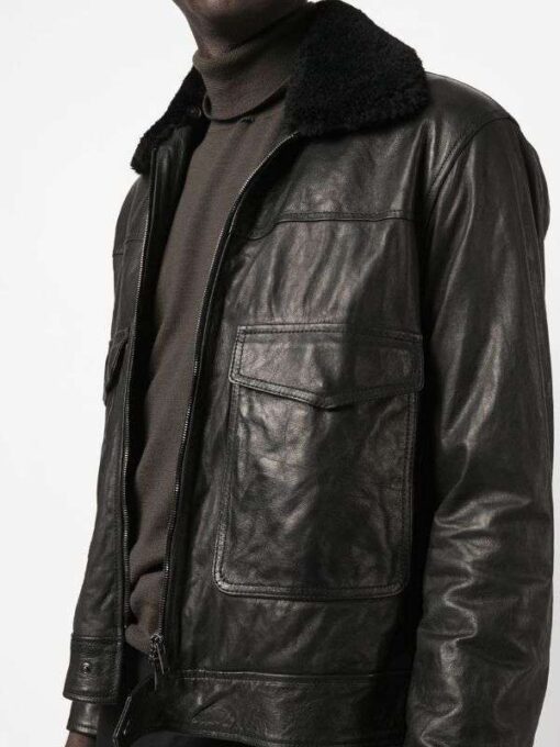 Shearling Collar Black Trucker Leather Jacket - Image 2