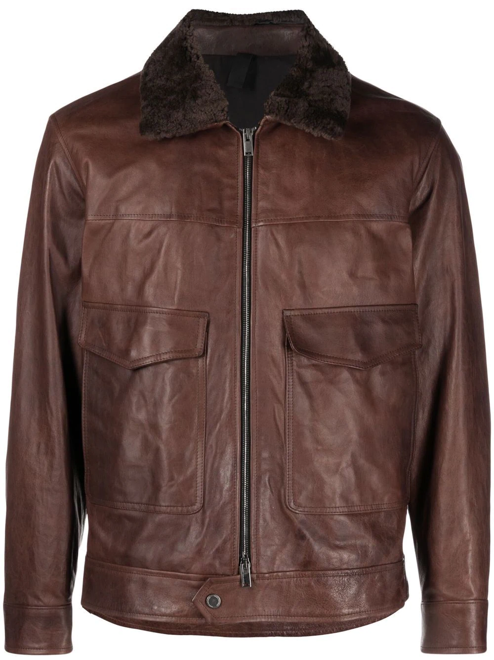 Shearling Collar Brown Leather Trucker Jacket | Sherpa Leather