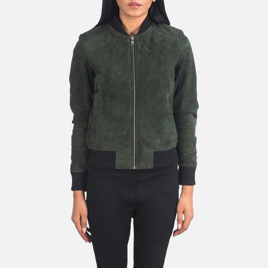 Green Suede Bomber Jacket Women's | Sherpa Leather
