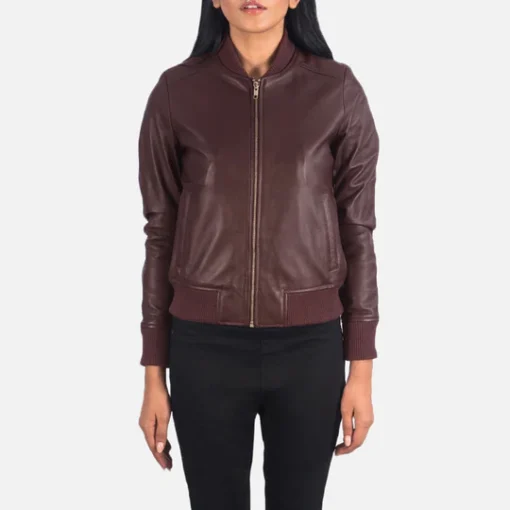 One Panel Leather Bomber Jacket Women Brown - Image 2