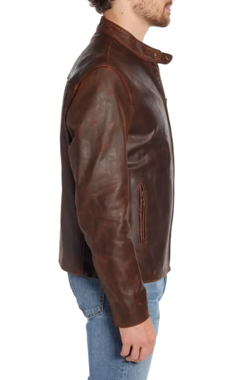 Café Racer Lightweight Oiled Cowhide Leather Jacket - Image 4