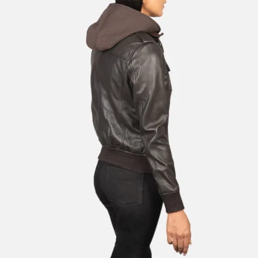 Brown Women Hooded Leather Jacket - Image 2