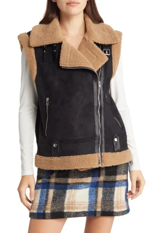 Women's Brown Aviator Sherpa Leather Vest - Image 3