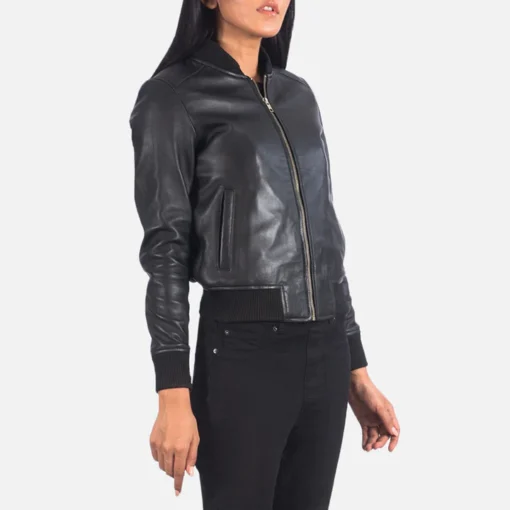 Black Leather Bomber Jacket for Women - Image 3