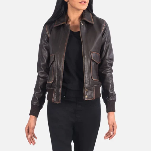 Women's Brown A-2 Bomber Flight Aviator Jacket - Image 3