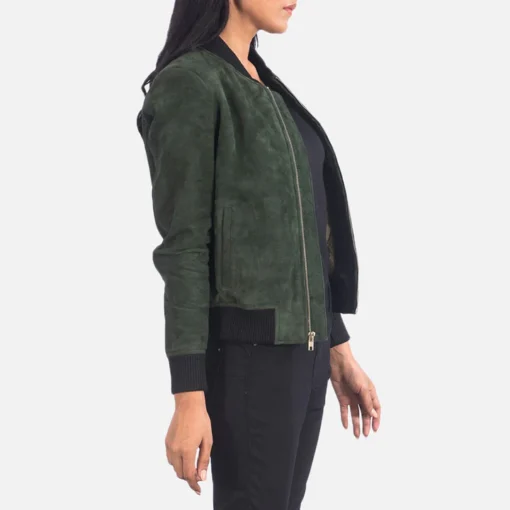 Green Suede Bomber Jacket Women's - Image 3