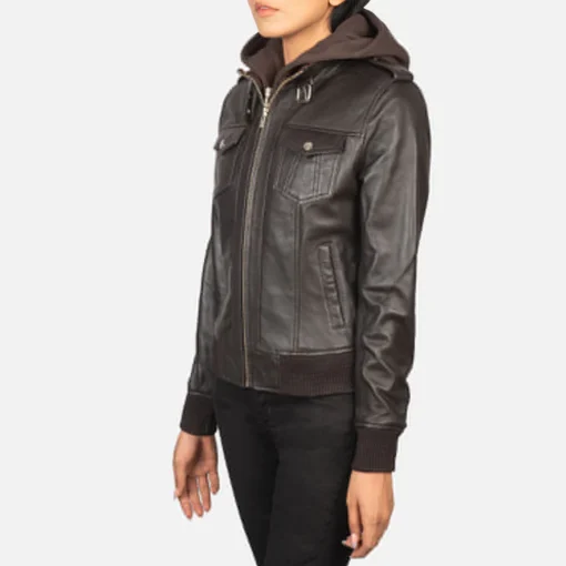 Brown Women Hooded Leather Jacket - Image 3