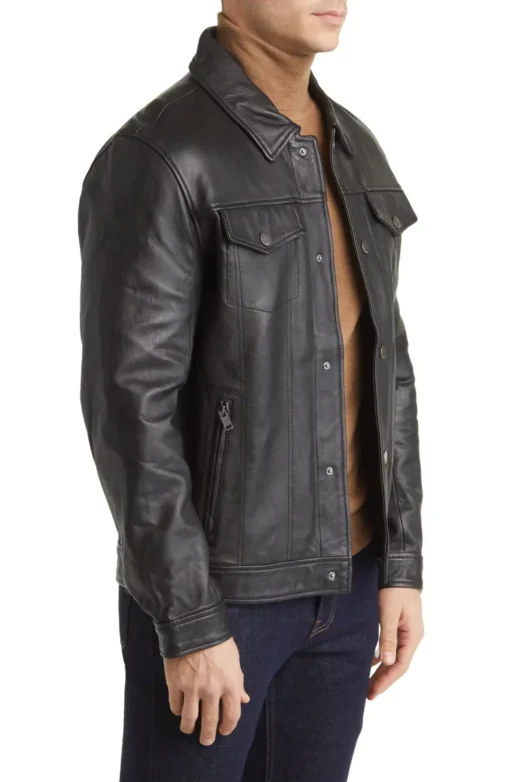 Men's Genuine Leather Black Trucker Jacket - Image 3