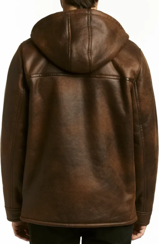 Distressed Brown Sherpa Lined Genuine Leather Hooded Coat - Image 5