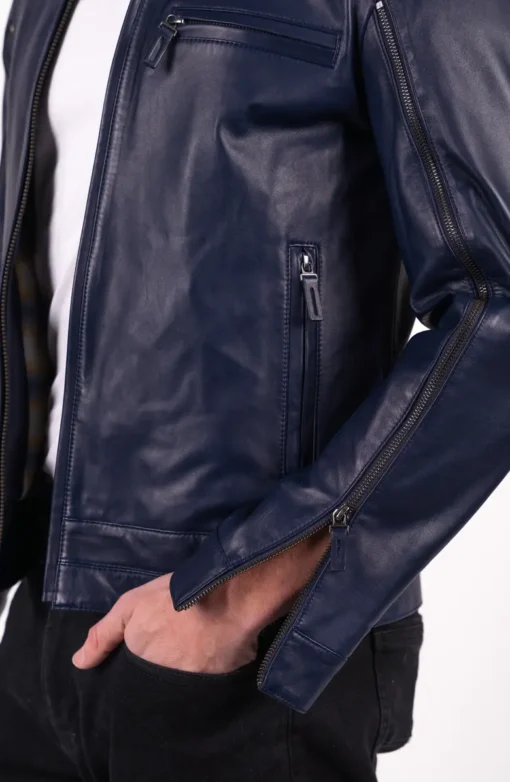 Blue Lambskin Leather Moto Jacket - Image 2