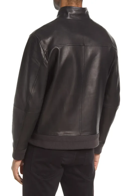 Men's Black Leather Bomber Jacket - Image 2