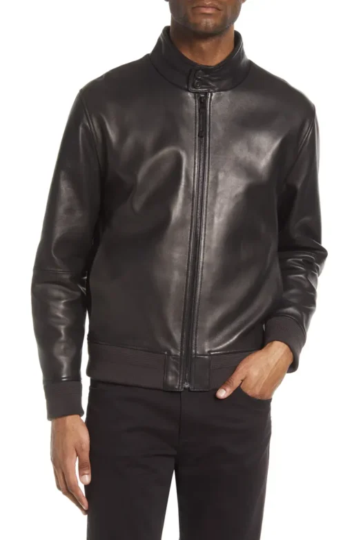 Men's Black Leather Bomber Jacket - Image 4