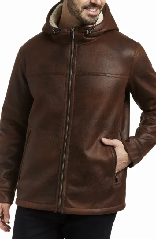 Distressed Brown Sherpa Lined Genuine Leather Hooded Coat - Image 6