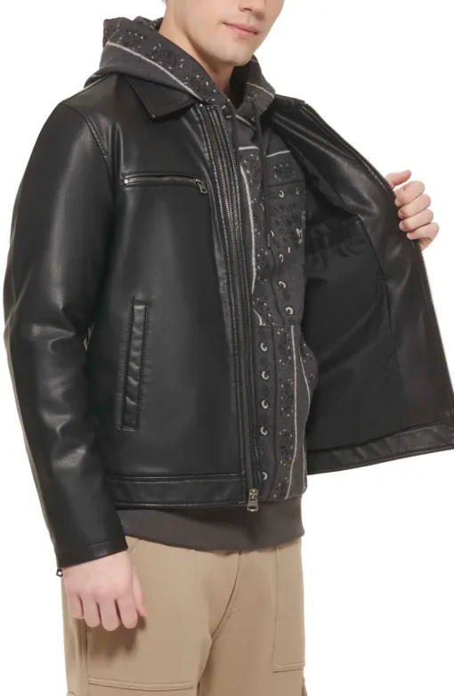 Men's Biker Style Black Leather Zip-Up Jacket - Image 3