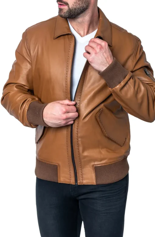 Brown Lambskin Leather Bomber Jacket - Image 5