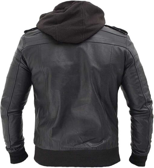 Men's Black Biker Style Leather Bomber Jacket With Hood - Image 6