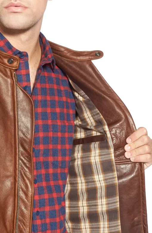 Café Racer Oil Tanned Brown Cowhide Leather Moto Jacket - Image 3