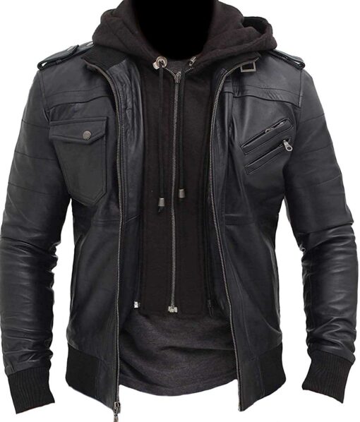 Men's Black Biker Style Leather Bomber Jacket With Hood - Image 4