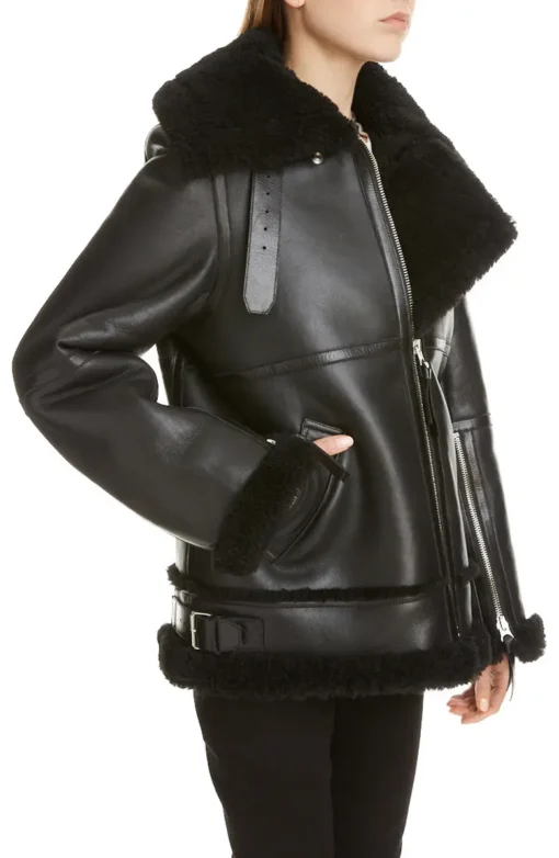 Black Aviator B-3 Sherpa Leather Jacket Women's - Image 3