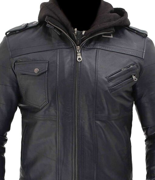 Men's Black Biker Style Leather Bomber Jacket With Hood - Image 5