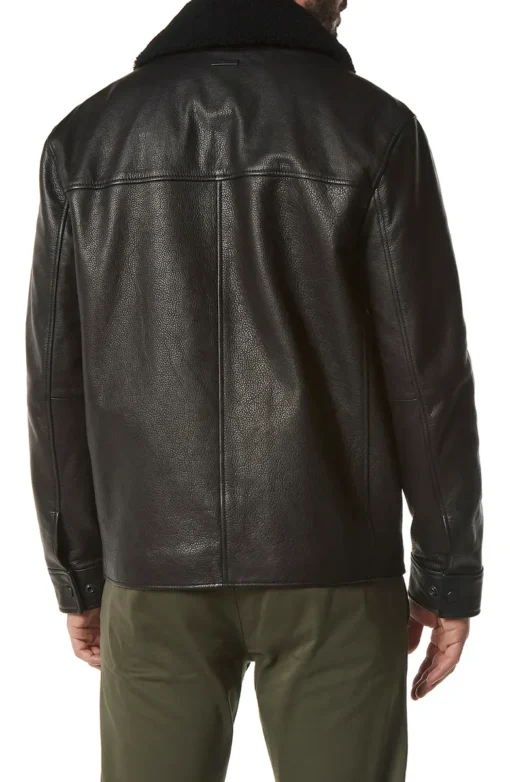 Mens Shearling Collar Black Cowhide Leather Moto Jacket - Image 3