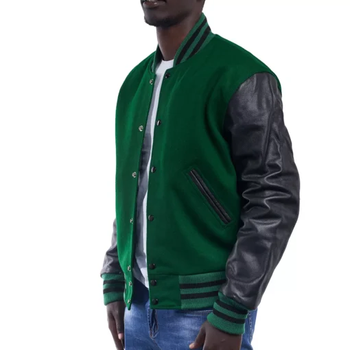 Men's Letterman Varsity Bomber Jacket with Striped Rib & Genuine Leather Sleeves - Green - Image 2