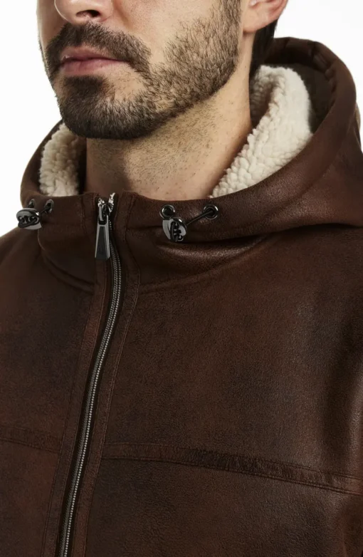 Distressed Brown Sherpa Lined Genuine Leather Hooded Coat - Image 4