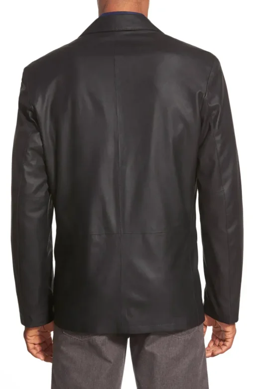 Notched Collar Black Genuine Leather Blazer - Image 2