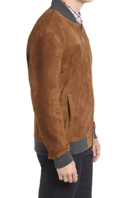 Men's Brown Suede Leather Bomber Jacket - Image 5