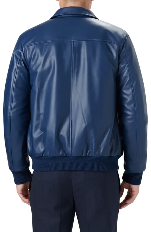 Men's Blue Leather Bomber Jacket - Image 2