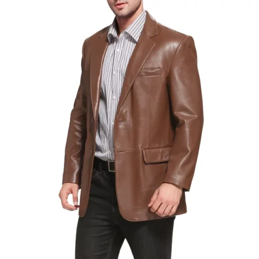 Men's Classic Genuine Brown Leather Blazer Jacket - Image 6