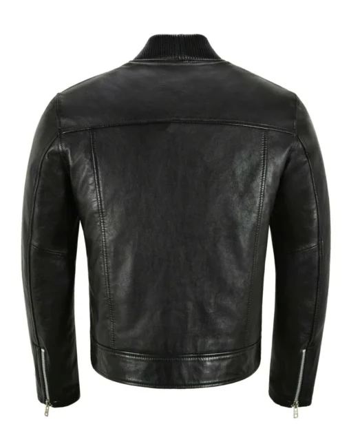 Men's Black Bomber Style Leather Trucker Jacket - Image 2