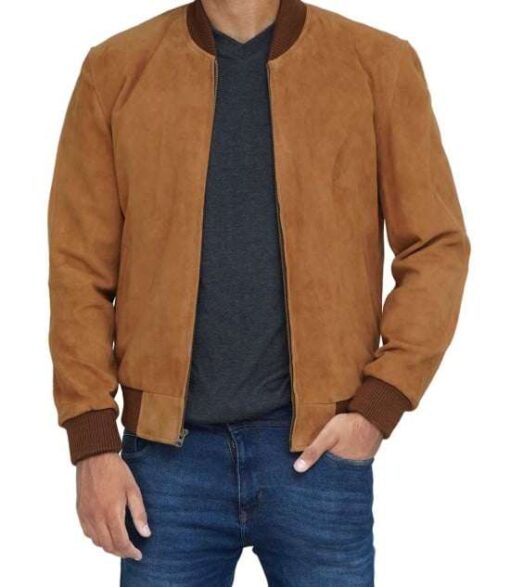 Men's Leather Brown Suede Bomber Jacket - Image 3