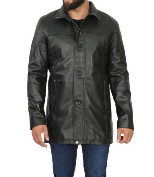 Black Lambskin Mens Leather Car Coat - Image 5