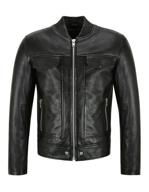 Men's Black Bomber Style Leather Trucker Jacket - Image 3