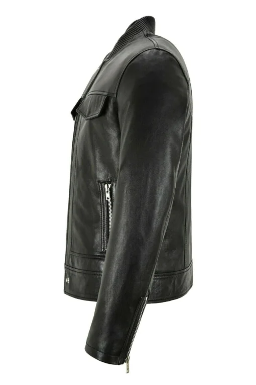 Men's Black Bomber Style Leather Trucker Jacket - Image 4