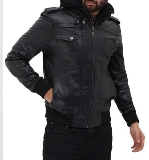 Men's Black Biker Style Leather Bomber Jacket With Hood - Image 2