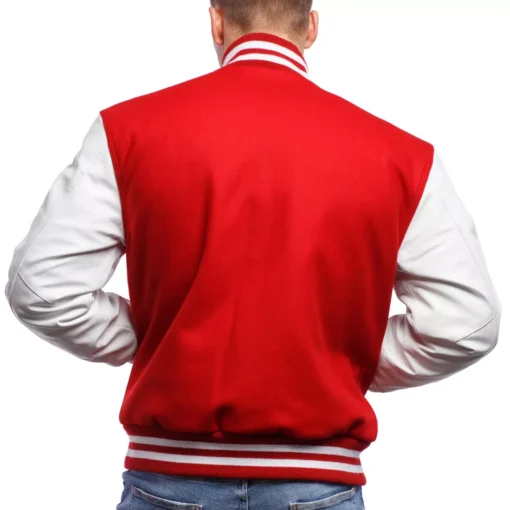 Men's Letterman Varsity Bomber Jacket with Striped Rib & Genuine Leather Sleeves - Red - Image 6