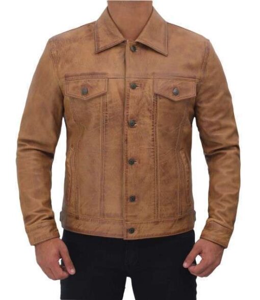 Men's Camel Brown Leather Trucker Jacket - Image 3