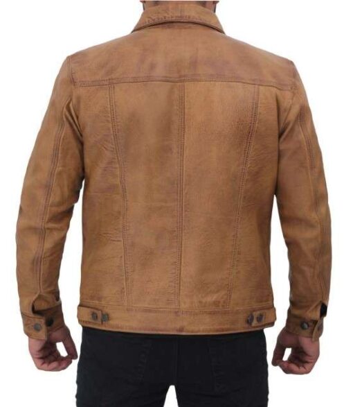 Men's Camel Brown Leather Trucker Jacket - Image 2